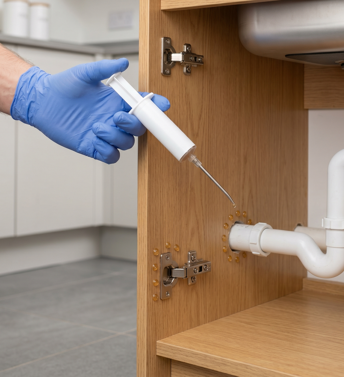 Gel bait treatment applied around kitchen cabinet gaps