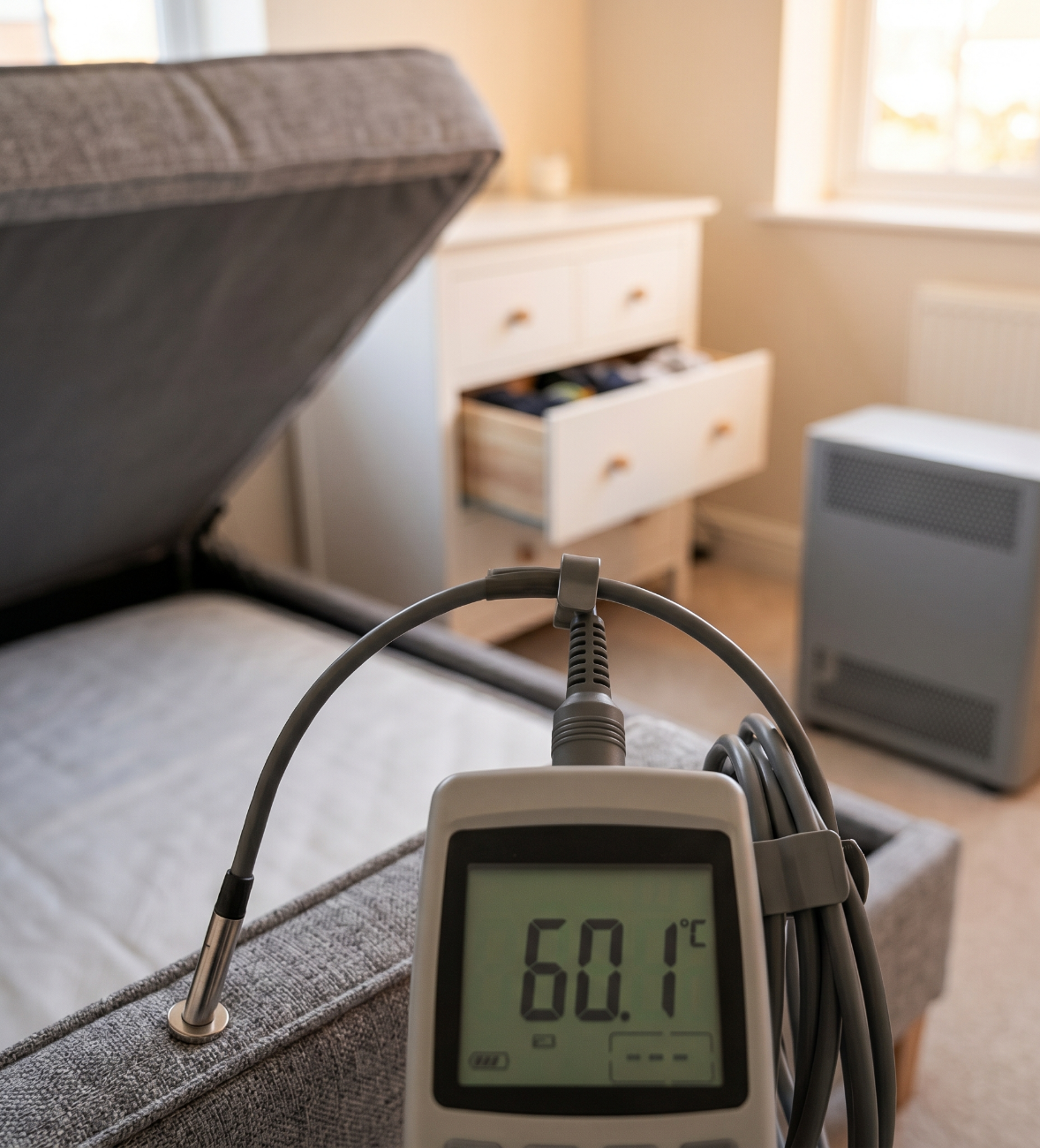 Temperature monitor showing heat levels during bed bug treatment