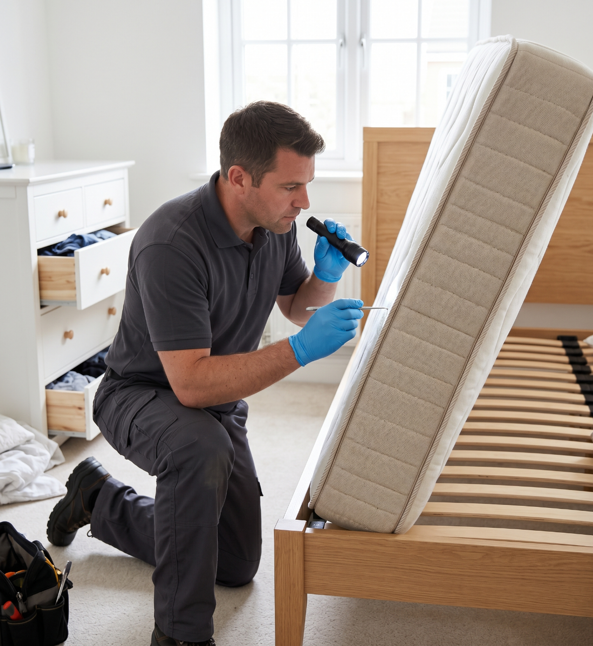 Technician inspecting mattress for bed bug activity